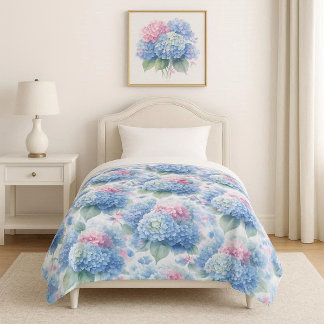 Botanical blue and pink Hydrangea  Fleece Blanket