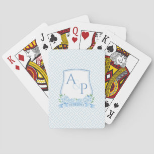 Botanical Blue And White Monogram Wedding Crest Playing Cards