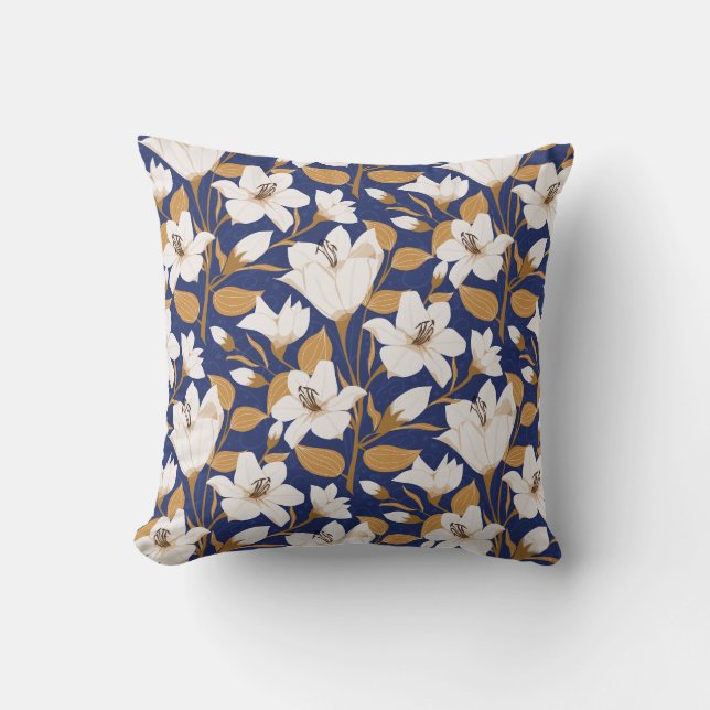 Botanical Blue Beige Lily Floral Pattern   Cushion (Front)