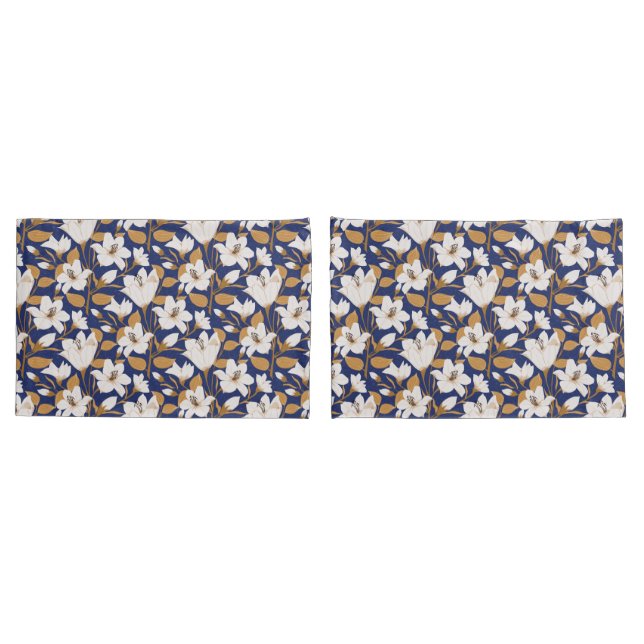 Botanical Blue Beige Lily Floral Pattern   Pillowcase (Back-Set)