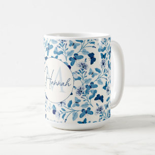 Botanical Blue Cream Flowers and Butterflies Coffee Mug