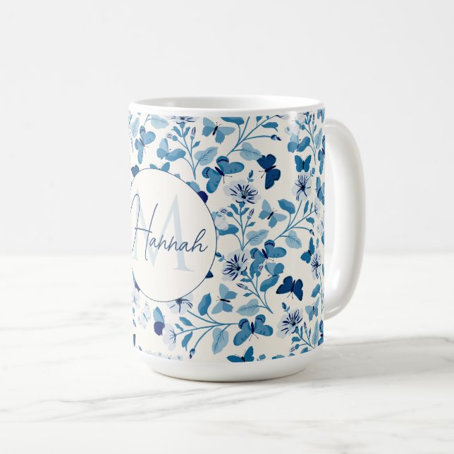 Botanical Blue Cream Flowers  and Butterflies Coffee Mug (Front Right)