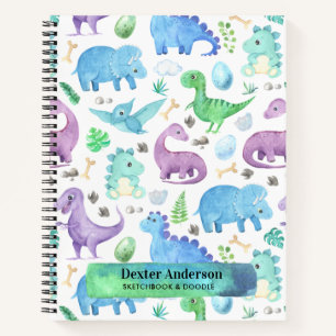 Botanical Blue Dino Dinosaur Custom Name Notebook