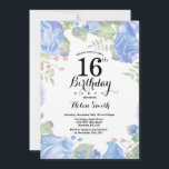 Botanical Blue Floral 16th Birthday Invitation<br><div class="desc">Botanical Blue Floral 16th Birthday Invitation. Floral Pink Peonies Birthday Invitation for Girl. Watercolor Floral Flower. Elegant Pink Rose and Peony Flowers. Kids Birthday. White Background. Black and White. 13th 15th 16th 18th 20th 21st 30th 40th 50th 60th 70th 80th 90th 100th, Any Ages. For further customisation, please click the...</div>