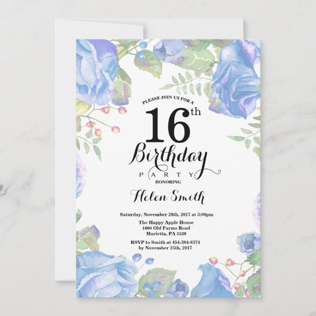 Botanical Blue Floral 16th Birthday Invitation (Front)