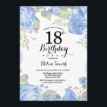 Botanical Blue Floral 18th Birthday Invitation<br><div class="desc">Botanical Blue Floral 18th Birthday Invitation. Floral Pink Peonies Birthday Invitation for Women. Watercolor Floral Flower. Elegant Pink Rose and Peony Flowers. Adult Birthday. White Background. Black and White. 13th 15th 16th 18th 20th 21st 30th 40th 50th 60th 70th 80th 90th 100th, Any Ages. For further customisation, please click the...</div>