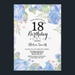 Botanical Blue Floral 18th Birthday Invitation<br><div class="desc">Botanical Blue Floral 18th Birthday Invitation. Floral Pink Peonies Birthday Invitation for Women. Watercolor Floral Flower. Elegant Pink Rose and Peony Flowers. Adult Birthday. White Background. Black and White. 13th 15th 16th 18th 20th 21st 30th 40th 50th 60th 70th 80th 90th 100th, Any Ages. For further customisation, please click the...</div>
