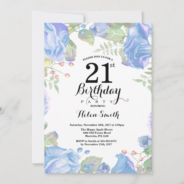 Botanical Blue Floral 21st Birthday Invitation (Front)