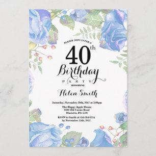 Botanical Blue Floral 40th Birthday Invitation