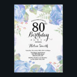 Botanical Blue Floral 80th Birthday Invitation<br><div class="desc">Botanical Blue Floral 80th Birthday Invitation. Floral Pink Peonies Birthday Invitation for Women. Watercolor Floral Flower. Elegant Pink Rose and Peony Flowers. Adult Birthday. White Background. Black and White. 13th 15th 16th 18th 20th 21st 30th 40th 50th 60th 70th 80th 90th 100th, Any Ages. For further customisation, please click the...</div>