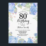 Botanical Blue Floral 80th Birthday Invitation<br><div class="desc">Botanical Blue Floral 80th Birthday Invitation. Floral Pink Peonies Birthday Invitation for Women. Watercolor Floral Flower. Elegant Pink Rose and Peony Flowers. Adult Birthday. White Background. Black and White. 13th 15th 16th 18th 20th 21st 30th 40th 50th 60th 70th 80th 90th 100th, Any Ages. For further customisation, please click the...</div>