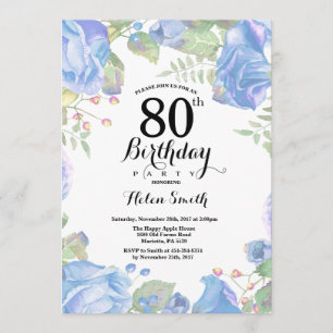 Botanical Blue Floral 80th Birthday Invitation