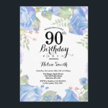 Botanical Blue Floral 90th Birthday Invitation<br><div class="desc">Botanical Blue Floral 90th Birthday Invitation. Floral Pink Peonies Birthday Invitation for Women. Watercolor Floral Flower. Elegant Pink Rose and Peony Flowers. Adult Birthday. White Background. Black and White. 13th 15th 16th 18th 20th 21st 30th 40th 50th 60th 70th 80th 90th 100th, Any Ages. For further customisation, please click the...</div>