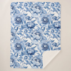Botanical Blue Floral Delicate Porcelain Flower Sherpa Blanket