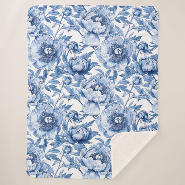 Botanical Blue Floral Delicate Porcelain Flower Sherpa Blanket (Front)