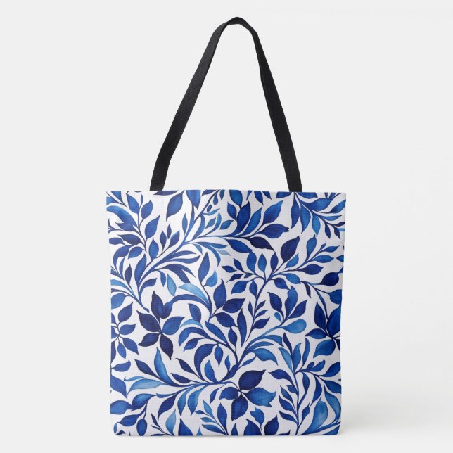 Botanical Blue Floral Design - Nature Inspired Tote Bag (Front)