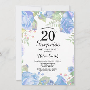 Botanical Blue Floral Surprise 20th Birthday Invitation