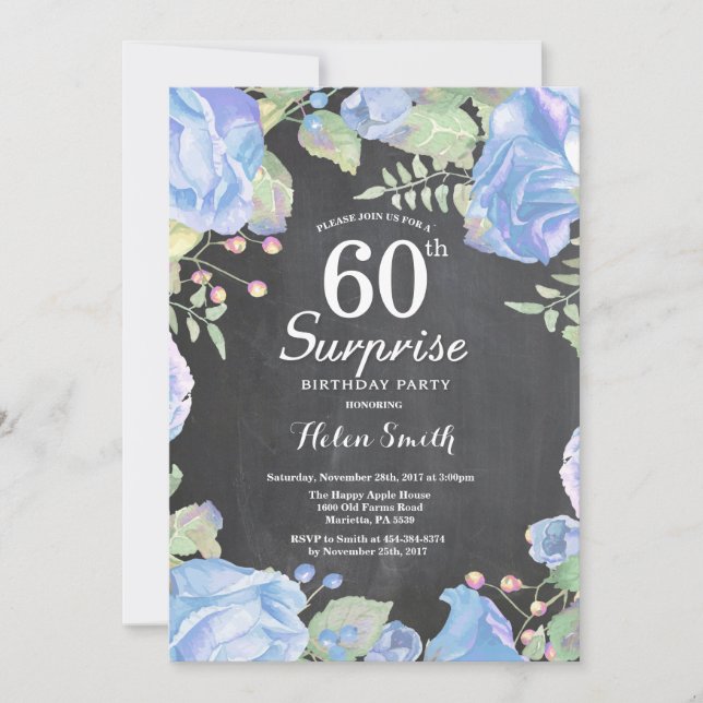 Botanical Blue Floral Surprise 60th Birthday Invitation (Front)
