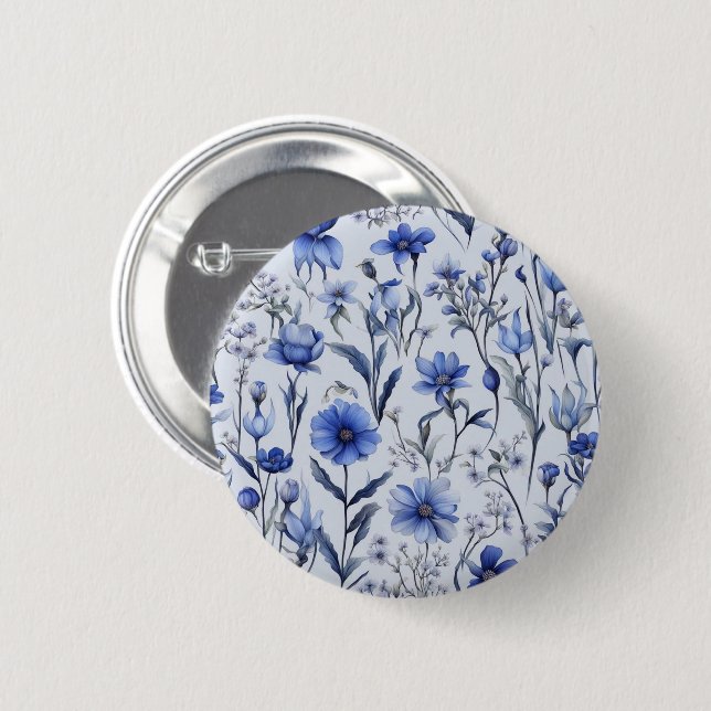 Botanical blue flowers pattern 6 cm round badge (Front & Back)