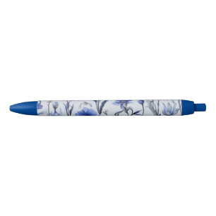 Botanical blue flowers pattern black ink pen