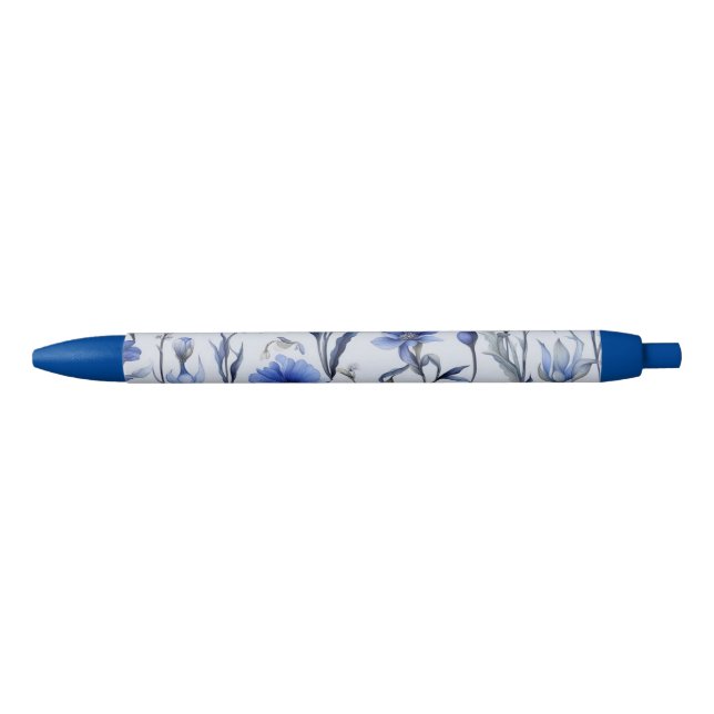 Botanical blue flowers pattern black ink pen (Front)