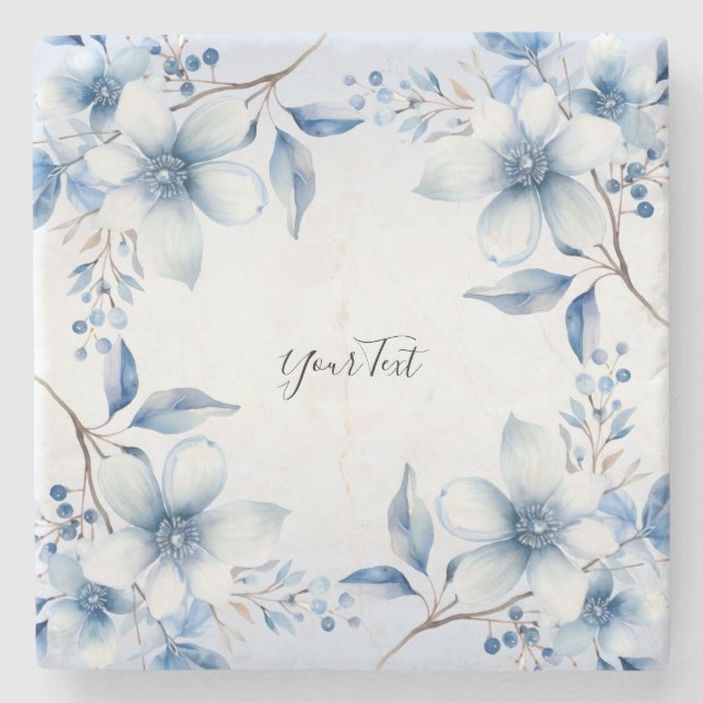 Botanical Blue Flowers Stone Coaster (Front)