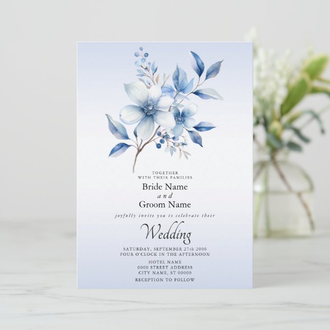 Botanical Blue Flowers Wedding Invitation (Standing Front)