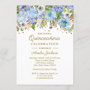 Botanical Blue Gold Floral Quinceanera Invitation