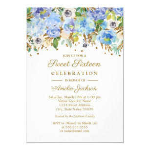 Botanical Blue Gold Floral Sweet Sixteen Birthday Invitation