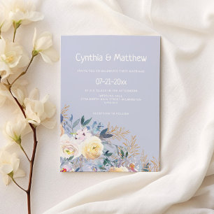 Botanical blue gold pastel floral wedding invitation