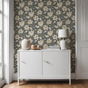 Botanical Blue Grey Beige Lily Floral Pattern   Wallpaper