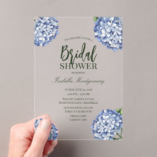 Botanical Blue Hydrangea Acrylic Bridal Shower Invitations (Insitu (Handheld))