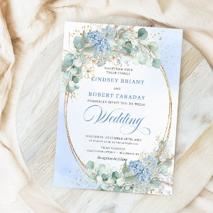 Botanical Blue Hydrangea Wheat Elegant Wedding Invitation