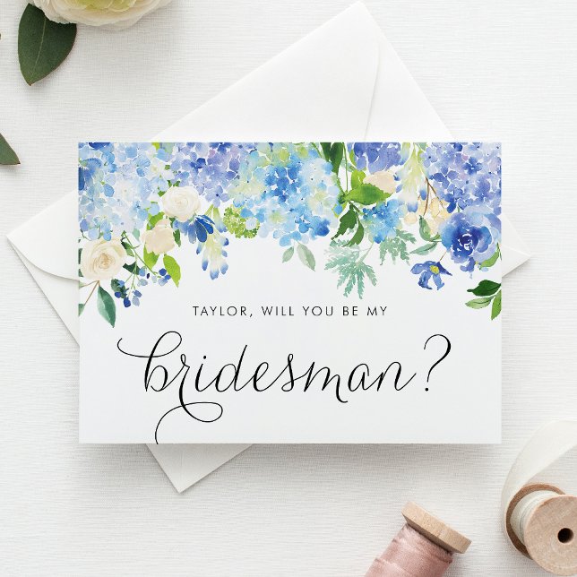 Botanical Blue Hydrangea Will You Be My Bridesmaid Invitation Postcard (Blue hydrangea & white rose bridesmaid card with greenery accents for romantic floral weddings.)