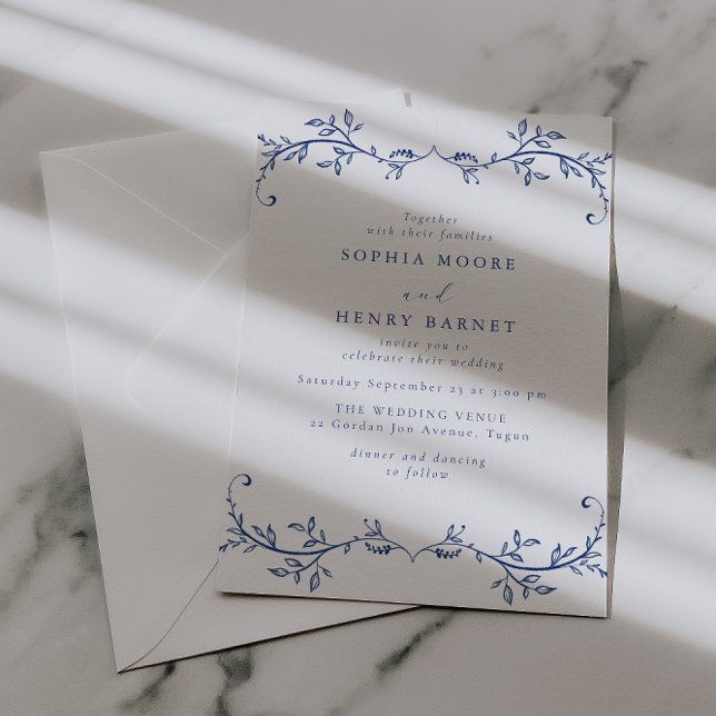 Botanical Blue Line Art Elegant Wedding Invitation (Creator Uploaded)