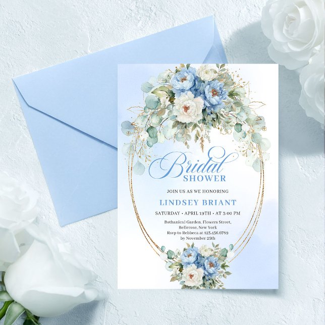 Botanical Blue Peony Eucalyptus Gold Bridal Shower Invitation (Botanical Blue Peony Eucalyptus Gold Bridal Shower Invite)
