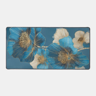 Botanical Blue Poppy Gold Line Art Floral Desk Mat