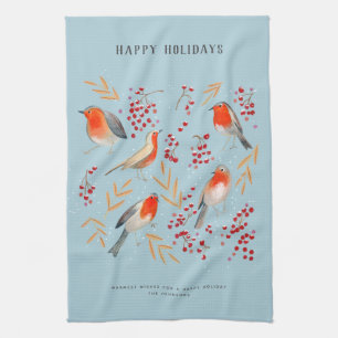 Botanical Blue red Birds Robin Christmas Holiday Tea Towel
