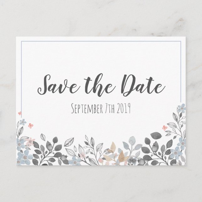 Botanical Blue Save The Date Wedding Postcard (Front)