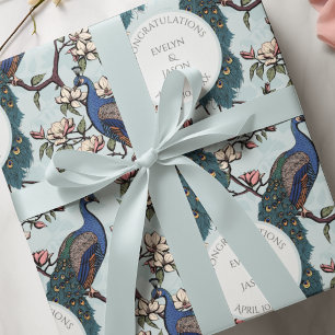 Botanical Blue Wedding Peacock & Flowers  Wrapping Paper