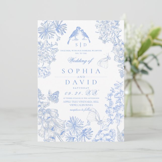 Botanical Blue White Rustic Wildflowers Wedding  Invitation (Standing Front)