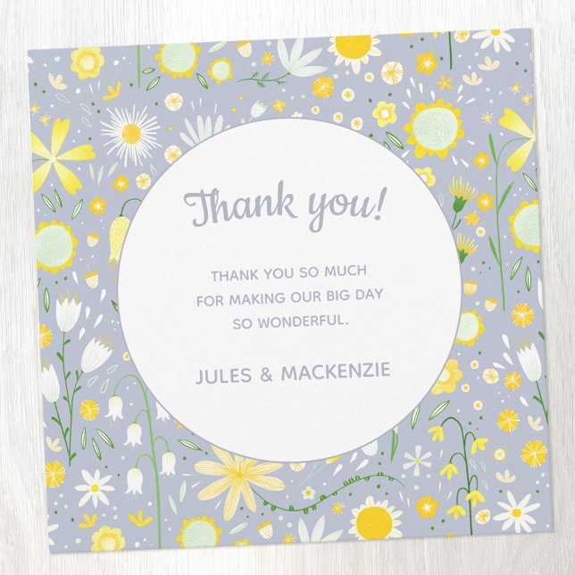 Botanical Blue Wildflower Floral Wedding Thank You (Pastel yellow, white and blue wedding thank you card)