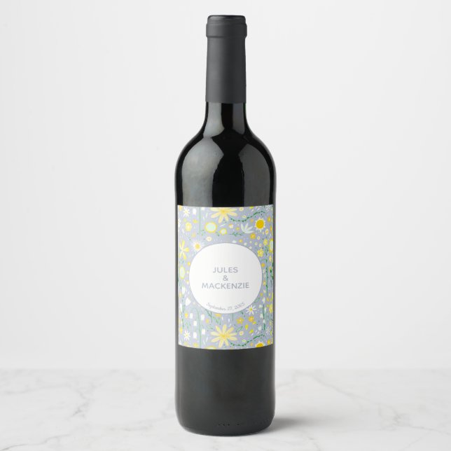 Botanical Blue Wildflower Floral Wedding Wine Label (Front)