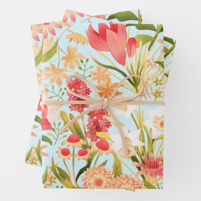 Botanical Blue Wrapping Paper Flat Sheet Set of 3 (In situ)