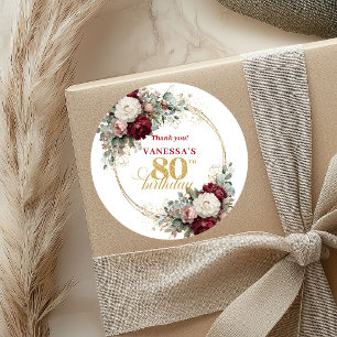 Botanical Blush Burgundy 80th Birthday Stickers