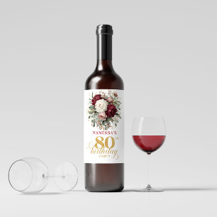 Botanical Blush Burgundy 80th Birthday Wine Labels