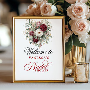 Botanical Blush Burgundy Bridal Shower Welcome Poster