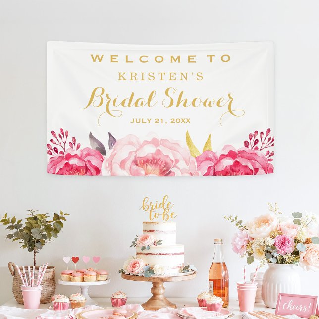 Botanical Blush Floral Gold Flowers Bridal Shower Banner (Creator Uploaded)