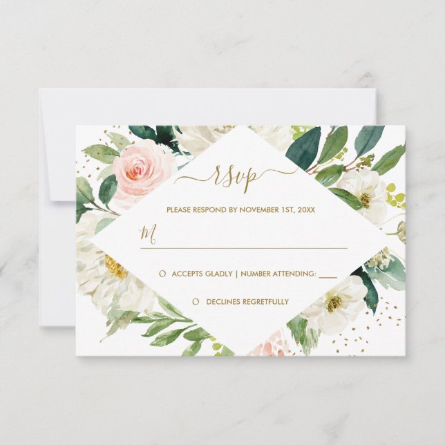 Botanical Blush Gold Floral Wedding RSVP Card (Front)