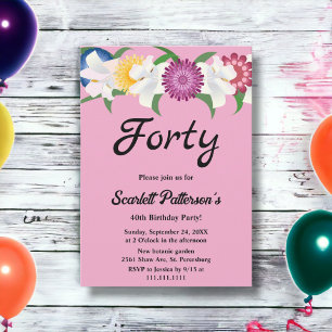 Botanical Blush Pink Roses Floral 40th Birthday Invitation